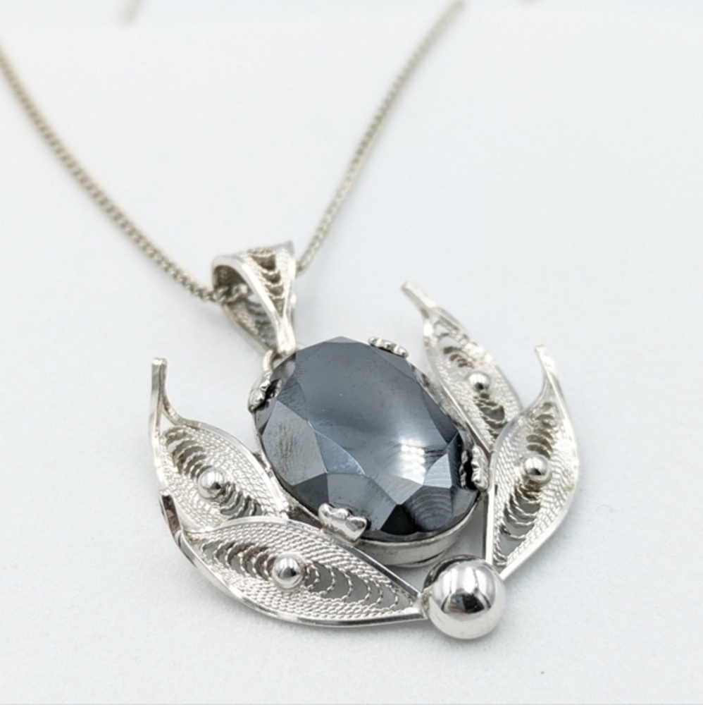 Vintage Designer Signed Sorrento Hematite Filigree Sterling Silver Necklace - Picture 4 of 8